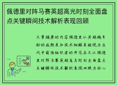 佩德里对阵马赛英超高光时刻全面盘点关键瞬间技术解析表现回顾